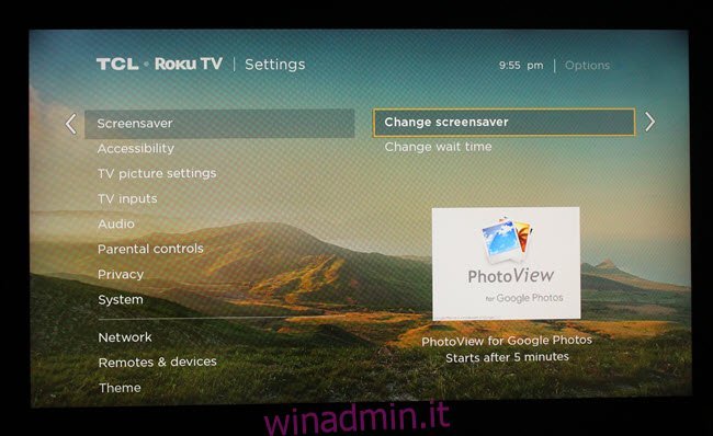 Finestra di dialogo delle impostazioni dello screensaver Roku, con PhotoView selezionato.