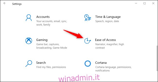 Vai a Accesso facilitato nel riquadro Impostazioni di Windows 10.