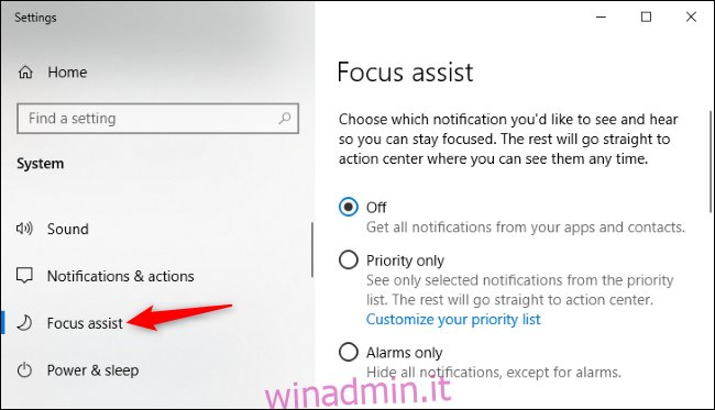 Opzioni di Focus Assist nelle Impostazioni di Windows 10