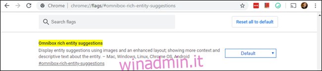 Flag di suggerimenti per le entità multimediali nella omnibox di Chrome