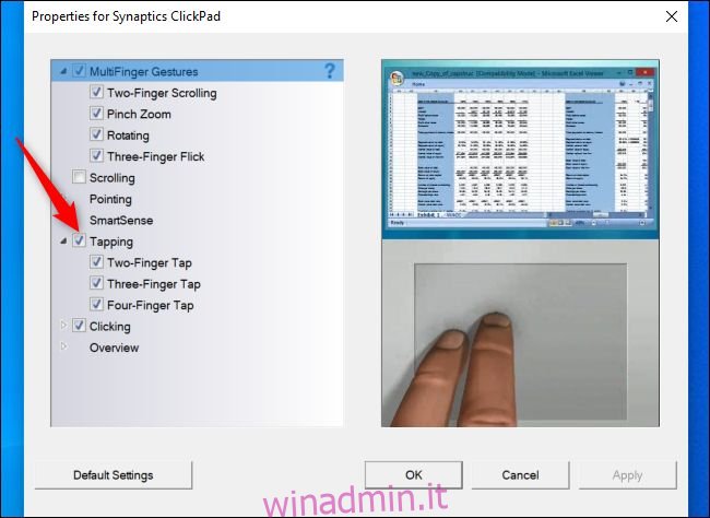 Disattivazione del tocco per fare clic nella finestra delle impostazioni del touchpad Synaptics.