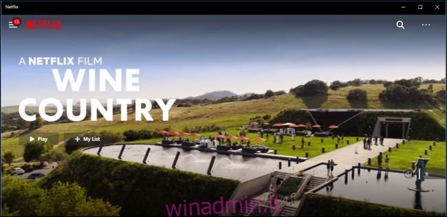 App Netflix per Windows 10 che mostra il teaser del film Wine Country
