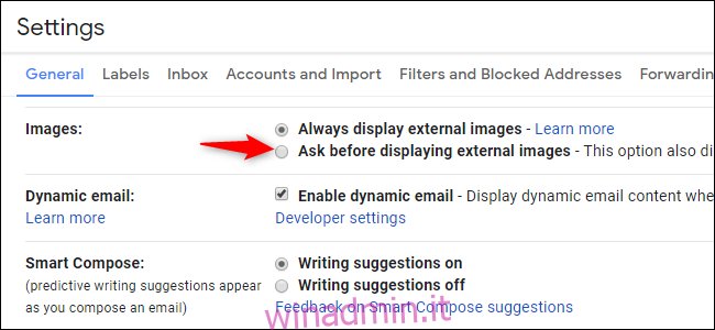 Opzione per disabilitare le immagini esterne e quindi il monitoraggio della posta elettronica in Gmail