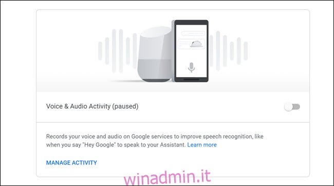 Dashboard delle attività vocali e audio di Google con disattivazione.