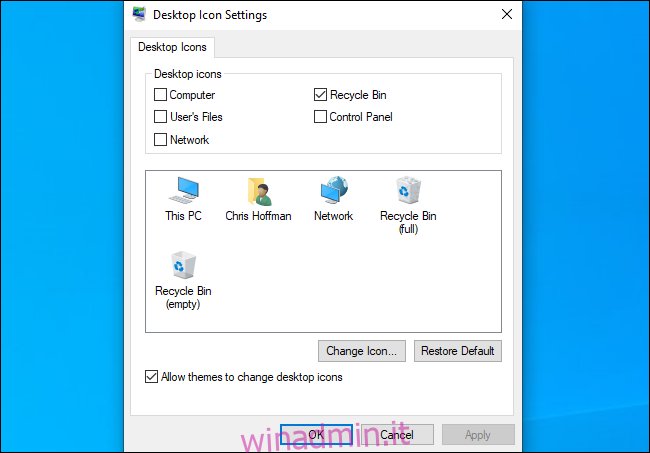 La finestra di dialogo Impostazioni icona desktop di Windows