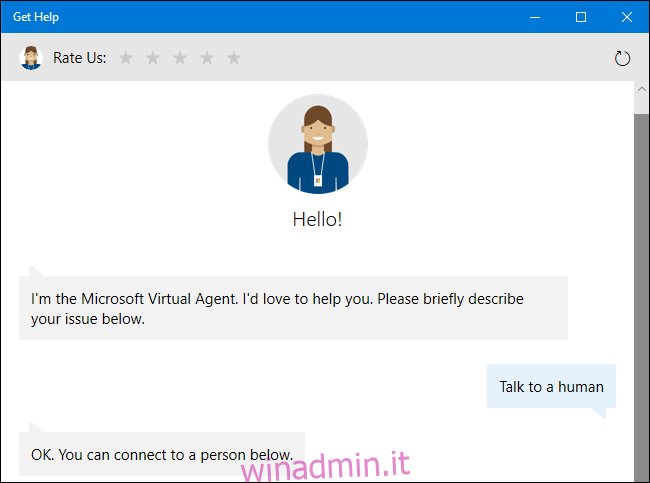 Chiedere all'agente di supporto virtuale un rappresentante umano su Windows 10