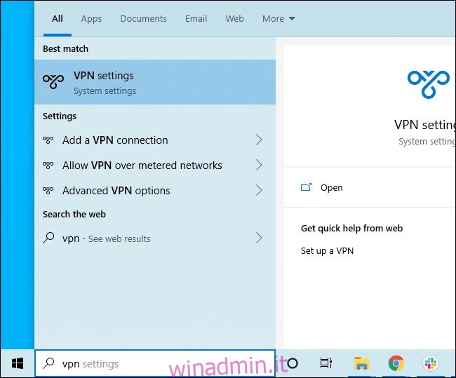 Ricerca nel menu Start di Windows 10 per le impostazioni VPN