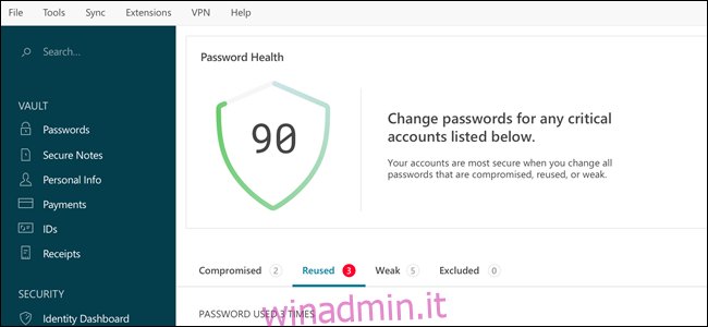 Interfaccia Dashlane, che mostra lo stato di salute della password.