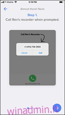 Passaggio 1 del tutorial per registrare una chiamata in uscita nell'app Rev.