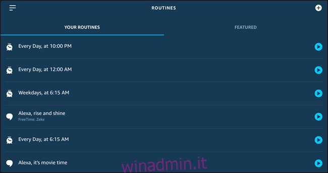 La pagina Routine Alexa, con diverse routine create.
