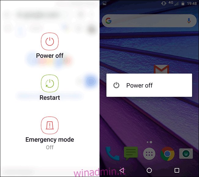 Il menu di accensione su un telefono Android Samsung Motorola.