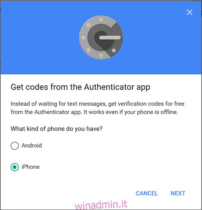 La schermata di Google Authenticator in cui scegli 