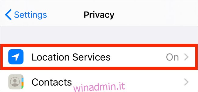 Tocca Servizi di localizzazione dall'app Privacy