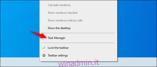 Opzione Task Manager nel menu contestuale della barra delle applicazioni su Windows 10