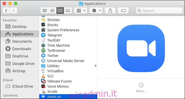 Applicazione zoom nella cartella Applicazioni Mac