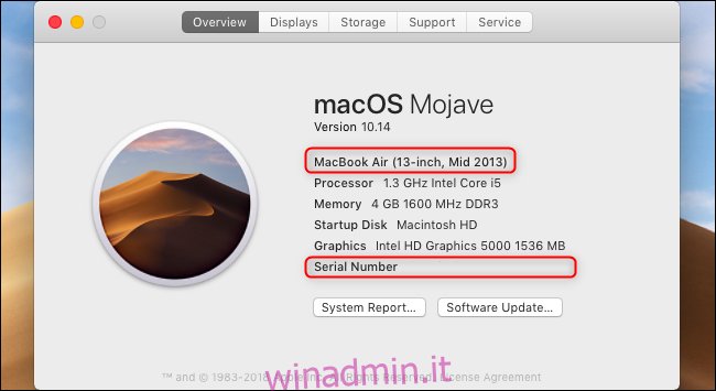 Numero di modello e numero di serie del MacBook visualizzati nella finestra Informazioni su questo Mac.