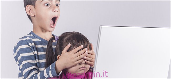 Un bambino copre gli occhi di sua sorella davanti al computer.