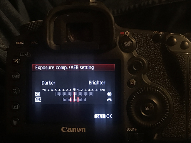Display Canon 5D Mark III che mostra le impostazioni di compensazione dell'esposizione