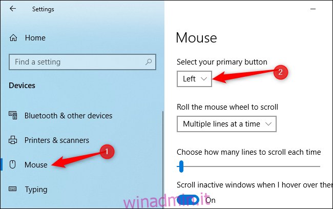Scambiare il pulsante sinistro e destro del mouse su Windows 10