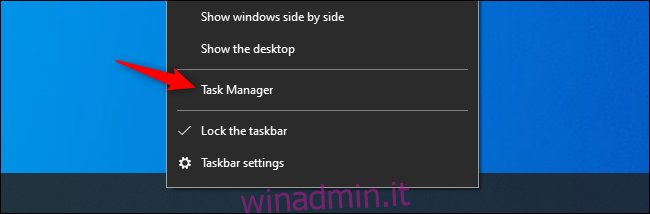 Apertura del Task Manager di Windows dalla barra delle applicazioni di Windows 10.