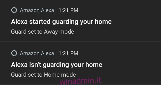 Notifiche di Alexa che attivano e disattivano la protezione.