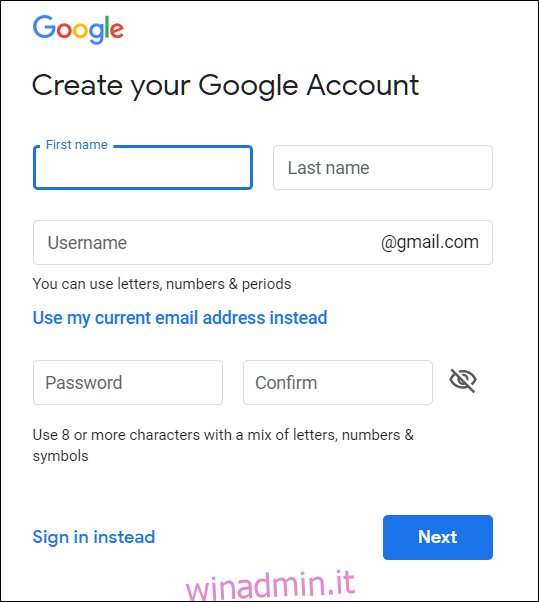 La pagina Crea il tuo account Google, in cui inserisci il tuo nome e cognome, nome utente e password.