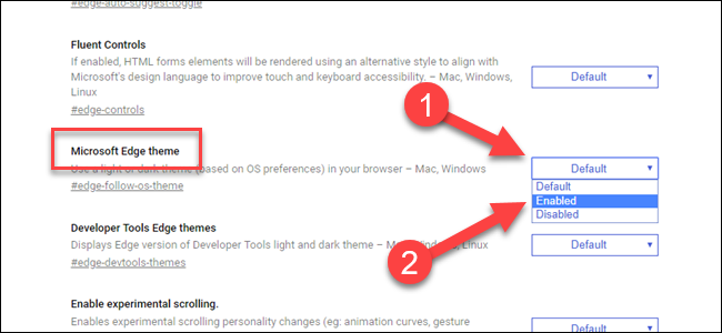 Edge Flag per il tema Microsoft Edge, con la freccia che punta al menu a discesa e abilitato