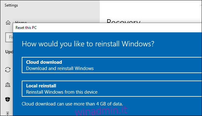 L'opzione di download dal cloud per ripristinare (o reinstallare) Windows 10.
