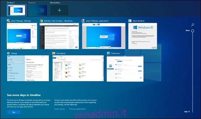 Interfaccia di visualizzazione attività su Windows 10.