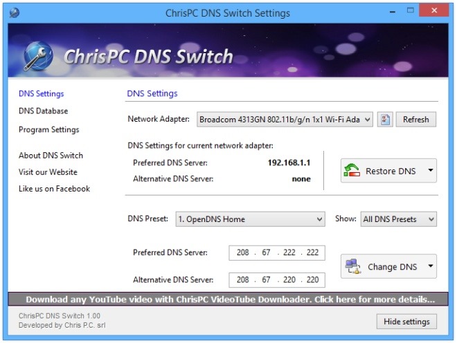Impostazioni dello switch DNS ChrisPC