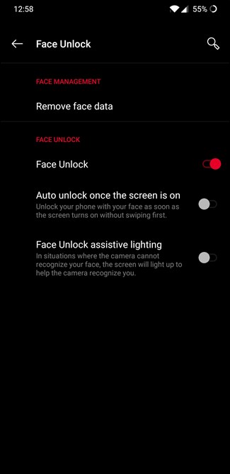 Opzioni di OnePlus 6T Face Unlock