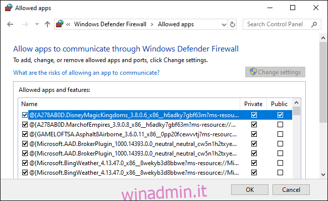 Un elenco di app consentite da Windows Defender Firewall.