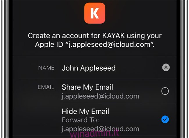 Creazione di un account utilizzando Accedi con Apple.
