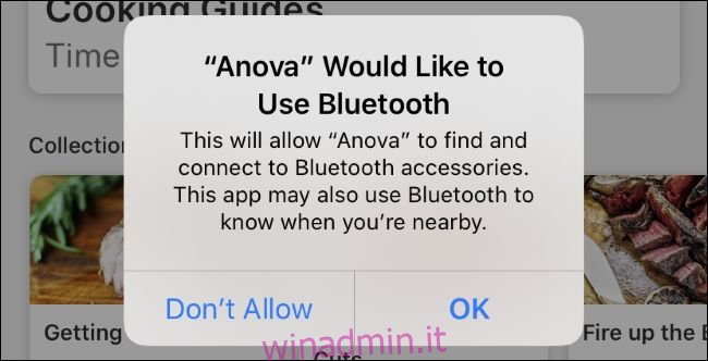 Il messaggio di richiesta di autorizzazione Bluetooth generico dell'app Anova su iOS 13.