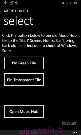 Opzioni WP8 della tessera Music Hub
