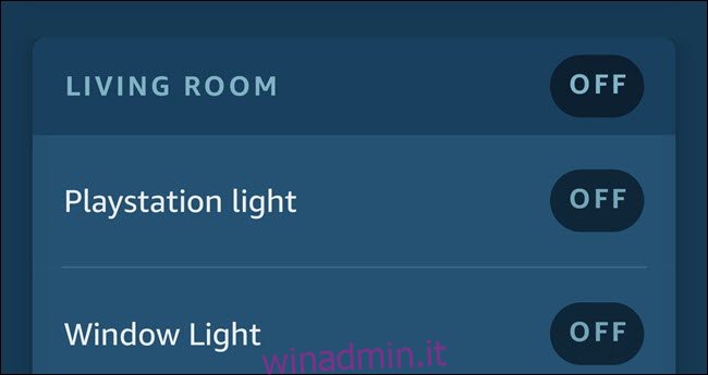 App Alexa che mostra due luci denominate Playstation Light e Window Light