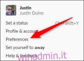 Preferenze clic su Slack per desktop