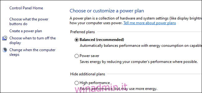 Tre pulsanti di opzione che visualizzano le opzioni del piano di alimentazione nel pannello di controllo di Windows 10