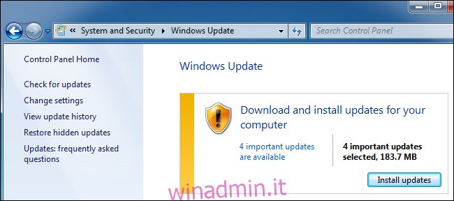 Windows Update nel Pannello di controllo su Windows 7.