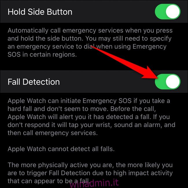 App per Apple iPhone Watch Attiva / disattiva rilevamento cadute