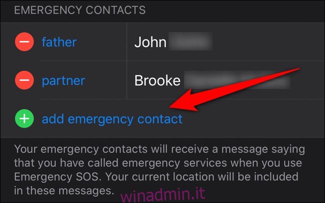 App Apple iPhone Health Seleziona Aggiungi contatto di emergenza