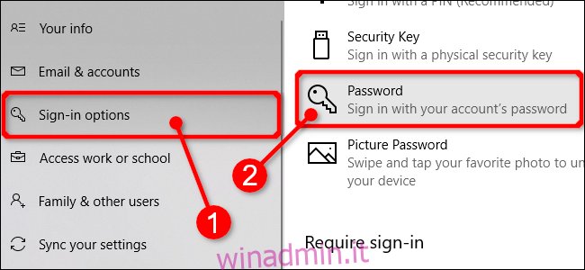 Seleziona Password nelle Impostazioni di Windows 10