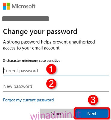 Finestra di dialogo Cambia password Windows 10