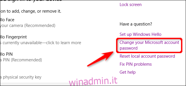 Cambia collegamento password Windows 10