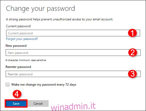 Cambia la tua password Conferma l'account Windows