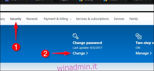 Cambia password account Microsoft online