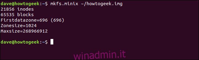mkfs.minix ~ / howtogeek.image in una finestra di terminale