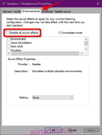 Windows 10 Disabilita gli effetti sonori