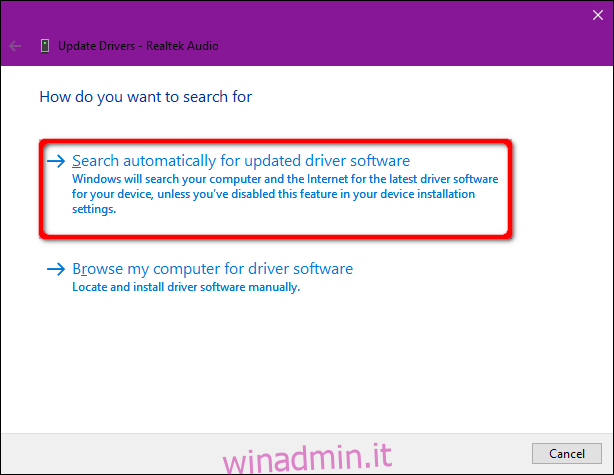 Ricerca automatica dei driver di Windows 10