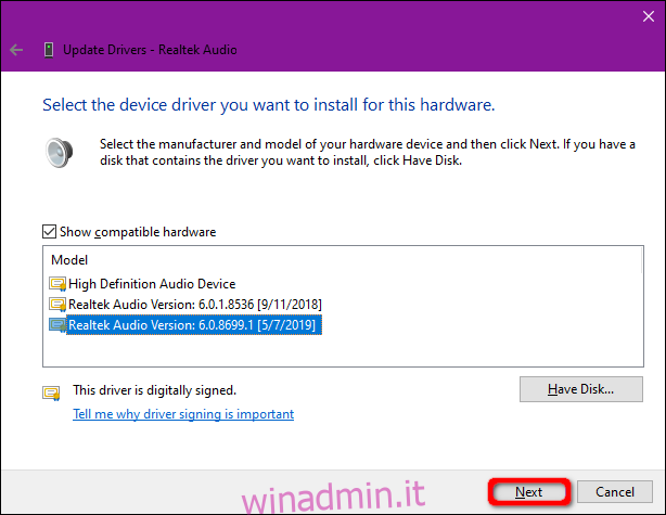 Windows 10 Seleziona driver dall'elenco